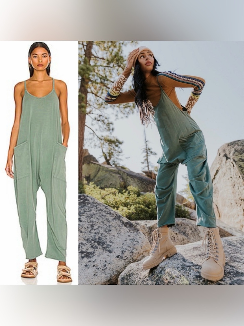 Free People Olive Sage Scoop-Neck Pocket Jumpsuit